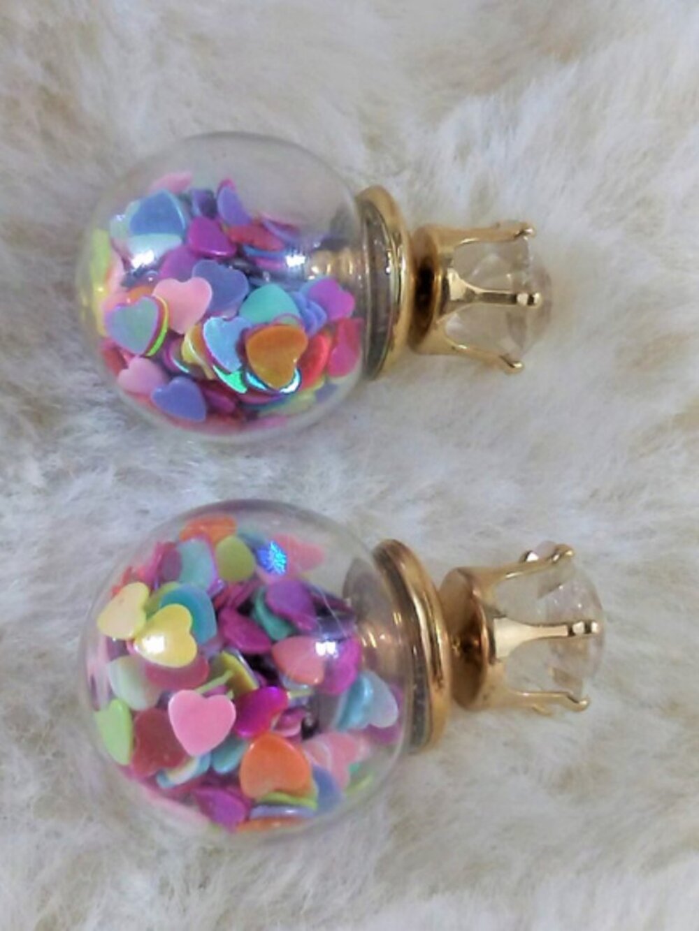 Double Sided Cute Crystal Stud Earrings with Bubble Heart Confetti